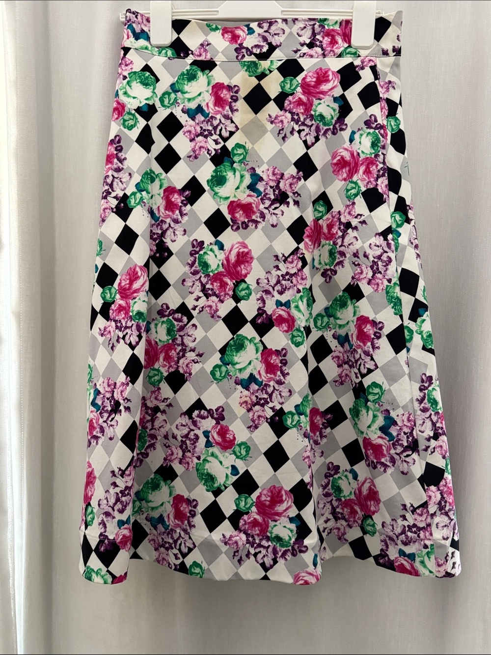 Floral Check A-Line Skirt in White with Pink & Green Bloom